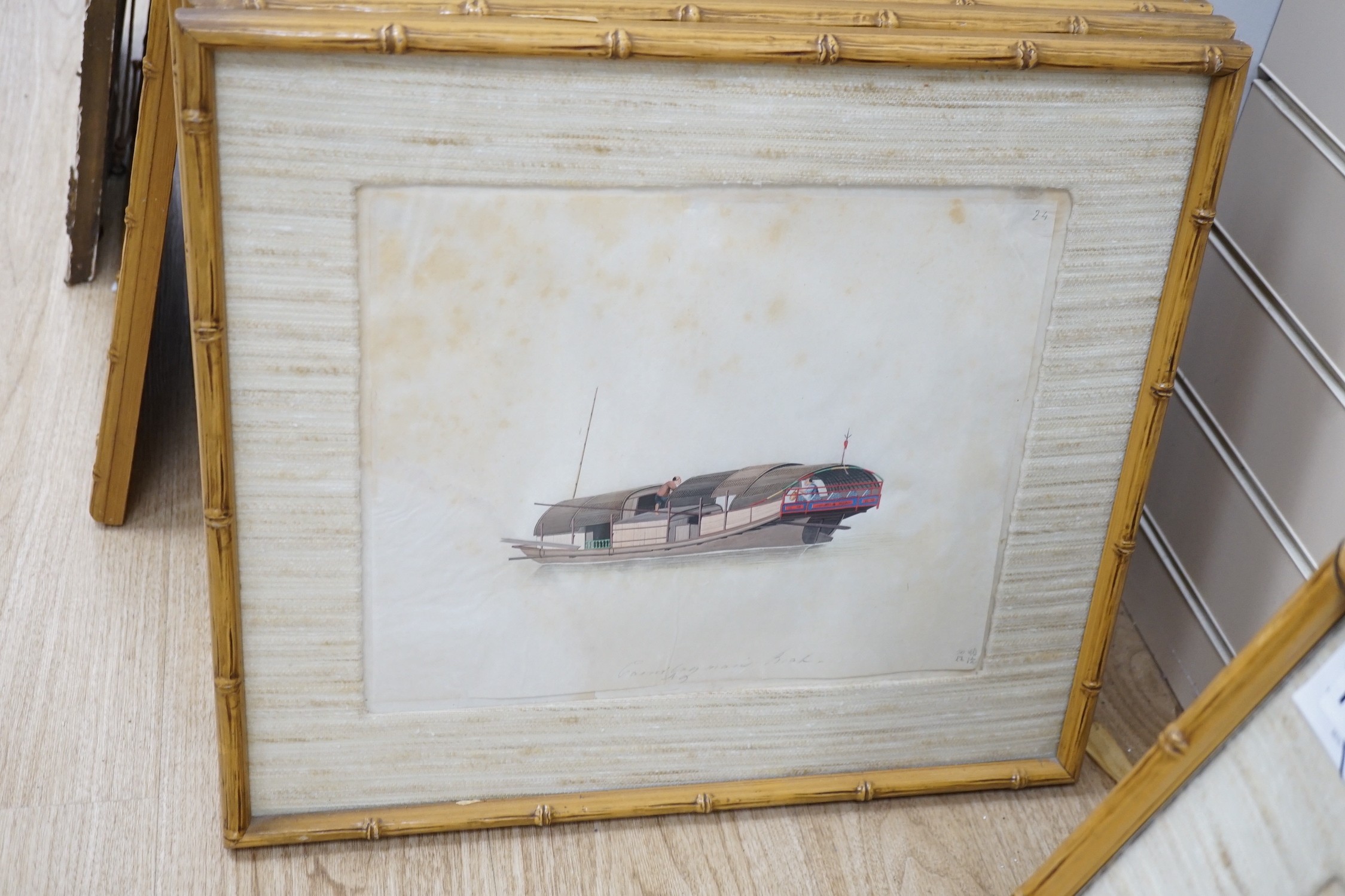 19th century Chinese School, nine gouaches on pith paper, Studies of water-going vessels, inscribed in Chinese and titled in English, giving the names and uses of the various vessels, 29 x 34cm